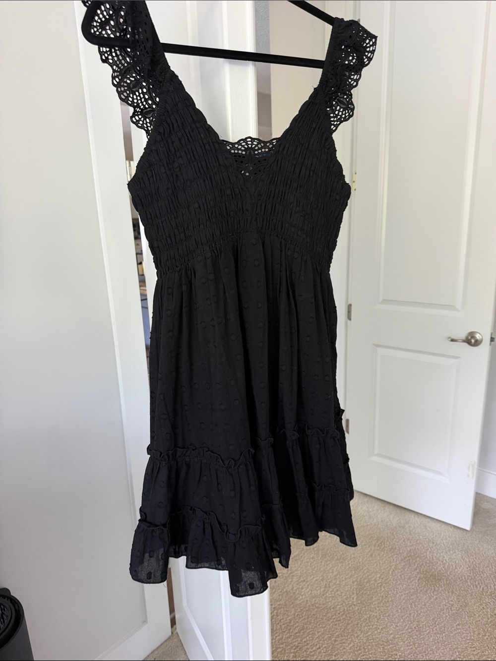 white birch Black Smocked Eyelet Mini Dress